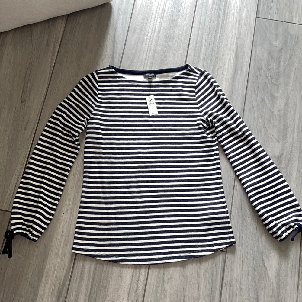 Talbots Petite navy and cream striped shirt